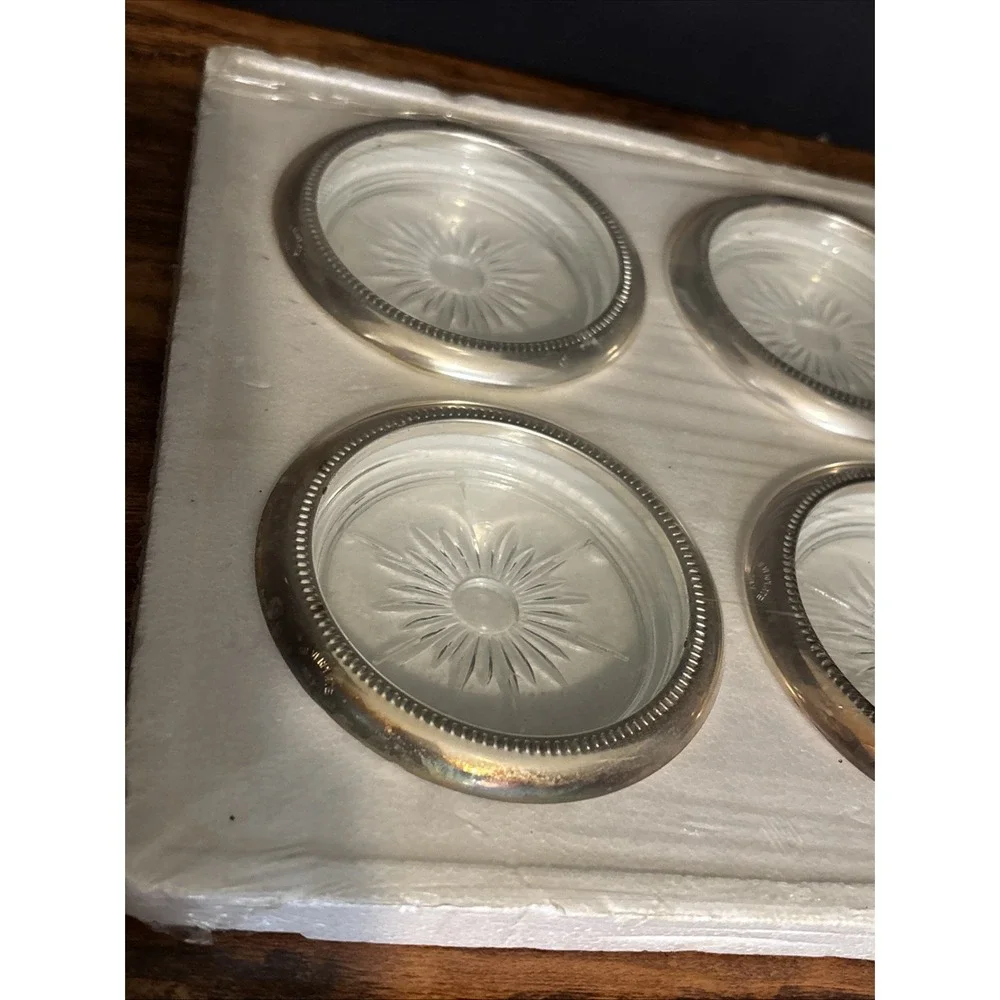 4‎ New Glass Silver Plate Coasters Mid Century Modern MCM Vintage NOS Italy